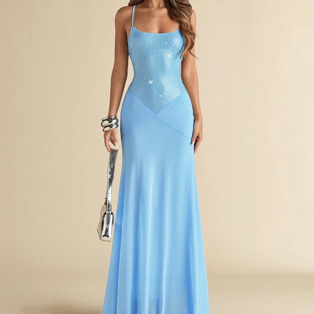 Blue Casual Women's Seaside Beach Sequins Vacation Maxi Dress